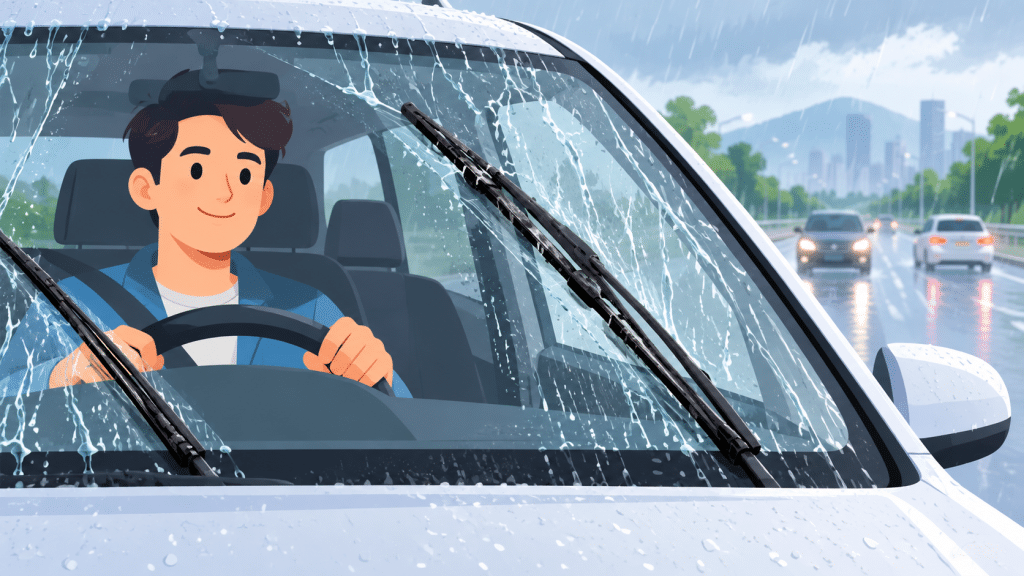 ใบปัดน้ำฝนทิ้งเส้นน้ำบนกระจกรถในวันฝนตก